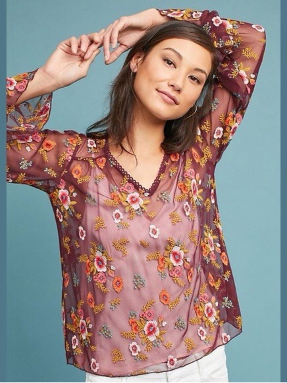 Anthropologie Plum Sheer Floral-Embroidered V-Neck Blouse - Picture 1 of 6